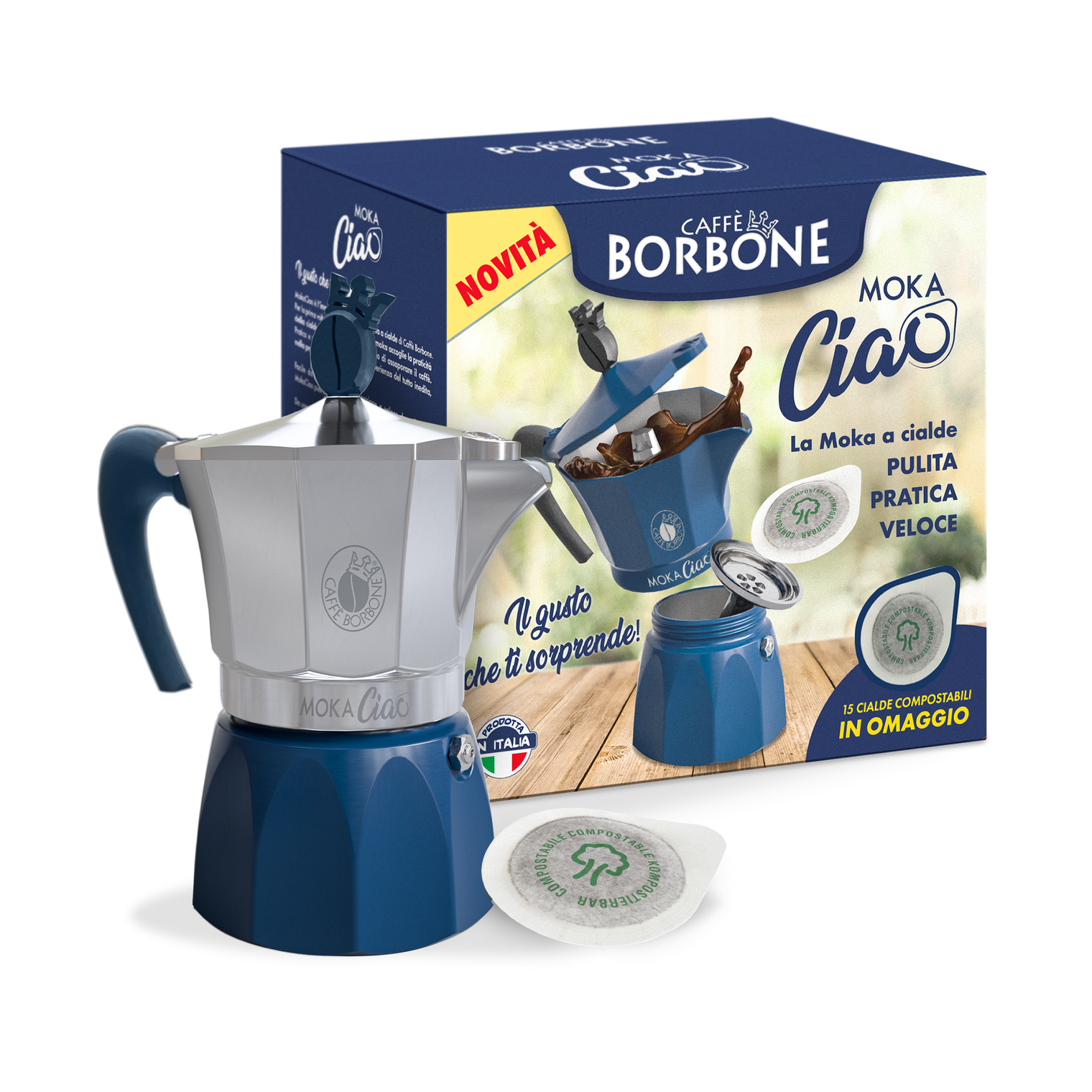 Moka Ciao Borbone - Kawiarka na 3 filiżanki do kuchenek gazowych i indukcyjnych z 15 DARMOWYMI kapsułkami