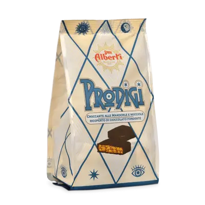 Prodigi - Croccante alle mandorle e nocciole ricoperto di cioccolato fondente Strega 150g